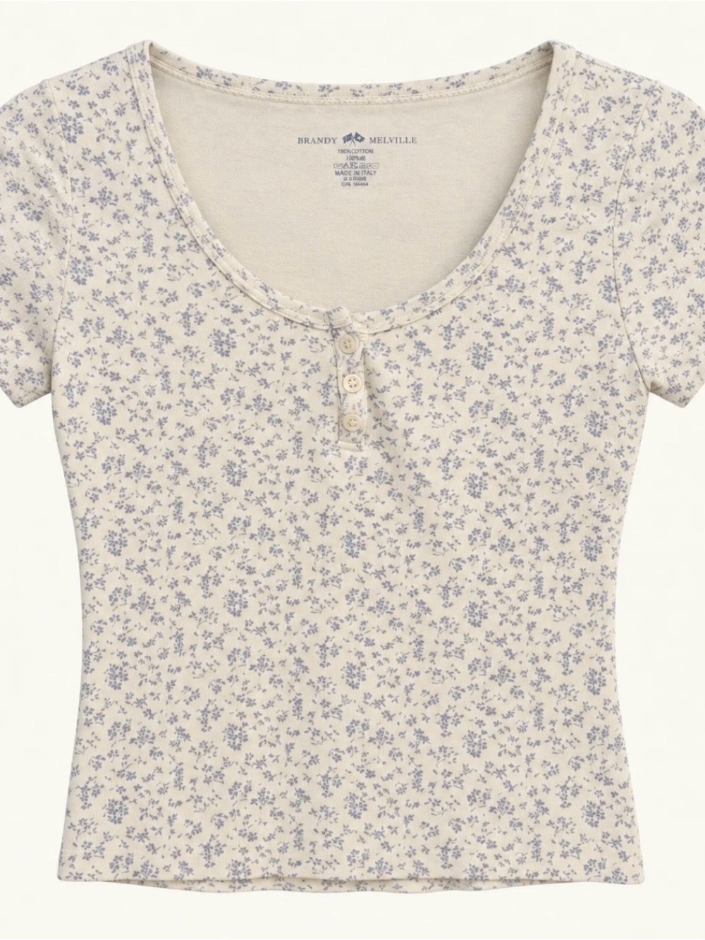 Brandy Melville Cream Short-Sleeve Henley Tee with Light Lavender Floral Print